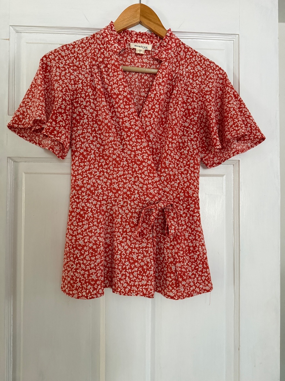 Monteau Red Floral Tie-Front Blouse